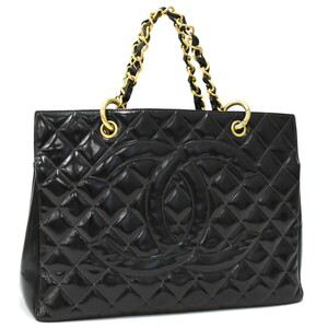 1円 ◎美品 CHANEL シャネル チェーントートバッグ ハンドバッグ マトラッセ ココマーク パテントレザー ブラック◎K.Cgom.hP-55