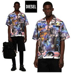 ●極美品！DIESEL ディーゼル 総柄 プリント アロハ オープンシャツ サイズL程 即決 即納 55DSL キューバシャツ ブラックゴールド●412