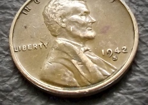 1セントコイン リンカーン 小麦 1942年製造 S刻印　 送料無料です。　（15879） USA 貨幣 硬貨 ペニー アメリカ