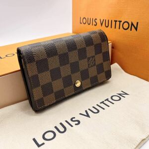 極美品● LOUIS VUITTON ルイヴィトン 折り財布 ダミエ エベヌ ポルトモネ ビエ トレゾール 2つ折り L字ファスナー 茶 ブラウン レディース