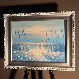 手書き油絵 海を眺める少女 額付 絵画 インテリア 油彩画