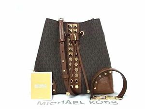 1円 ■極美品■ MICHAEL KORS マイケルコース MK柄 PVC スタッズ 巾着型 2WAY ハンドバッグ ショルダー レディース ブラウン系 FC1886