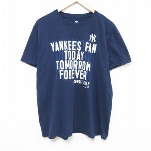 L/古着 半袖 Tシャツ メンズ MLB ニューヨークヤンキース コットン クルーネック 紺 ネイビー メジャーリーグ ベースボール 野球 24mar29