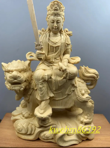 最高級 木彫仏像 文殊菩薩 座像 仏教工芸品 特上彫