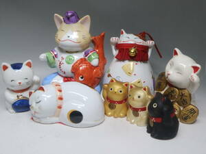 招き猫 猫の置物 陶器 縁起物 商売繁盛 開運 眠り猫 いろいろ 計8体