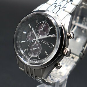 良品 CITIZEN シチズン エコドライブ クロノグラフ B612-S114837 ソーラー ブラック文字盤 24時間計 デイト 純正ブレス メンズ腕時計