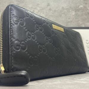 【極美品】 GUCCI グッチ メンズ ビジネス 長財布 ラウンドファスナー 金ロゴ 金プレート GG柄 シマ 型押し レザー 本革 ブラック 黒 紳士