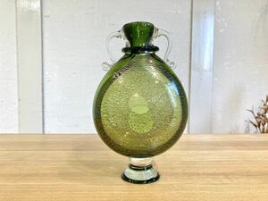 ■ガラス工芸 金彩のガラス瓶 作家もの 作者不明 吹きガラス 花瓶 スタジオグラス 民藝 クラフト インテリア オブジェ 置物■ 　