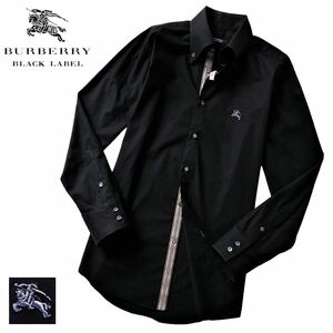 極美品 バーバリーブラックレーベル BIGホース刺繍 前立てノバストライプ ストレッチ性 長袖 BD ドレスシャツ 3/L 黒 BURBERRY BLACK LABEL