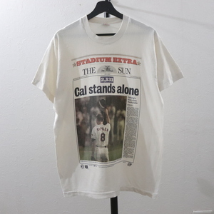 L325 90sビンテージ フルーツオブザルーム MLB カルリプケン プリントTシャツ USA製■1990年代製 表記Lサイズ 白 ホワイト アメカジ 80s