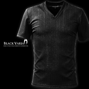 9#173313-bksi BLACK VARIA ラメ×ランダムテレコ メンズ Vネック半袖Tシャツ (ブラック黒シルバー銀) XL ステージ衣装 バンド カットソー
