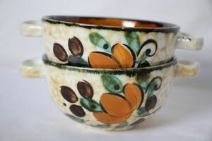 ベルギー ヴィンテージ BOCH CORFOU 古い陶器のスープカップ 2個セット 美品