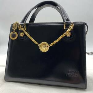 1円【極美品・最高峰】 VERSACE ヴェルサーチ ハンドバッグ スクエア サンバースト メデューサ ロゴ 型押し ゴールド金具 ブラック