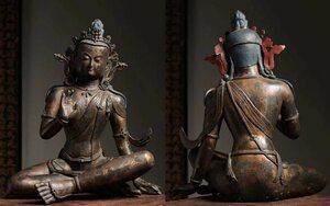 【清】某有名収集家買取品 西蔵・チベット伝来・時代物 銅金 菩薩造像 極細工 密教古美術