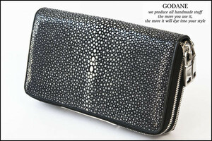 SALE★ゴダン GODANE特注 ブラックガルーシャ 煌めくエイ革＆栃木オイルレザー ダブルラウンドファスナー 長財布 8100Tan/BK 