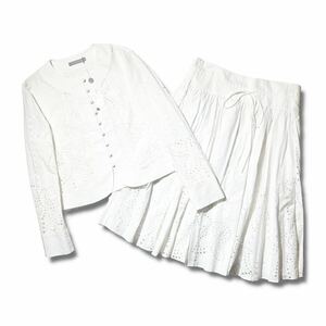 極美品 Theory luxe アイレット レース セットアップ 40 ノーカラー シャツ ブラウス スカート ホワイト カットワーク セオリー リュクス