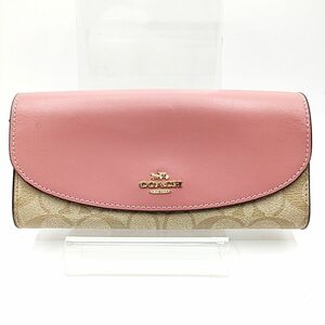 COACH コーチ 二つ折り 長財布 シグネチャー レザー×PVC ピンク系 ゴールド金具 W20 H10