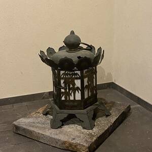 GM5YM⑥ 素晴らしい 江戸期古銅の吊り灯籠　吊り灯篭　仏具　仏教美術