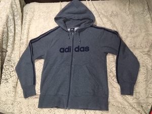 お蔵出し 古着 美品 アディダス ジップアップ パーカー size M グレイ×ネイビーライン タオル地 前開き adidas