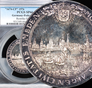 【最高鑑定唯一品 PCGS SP66】1976年 都市景観 大型銀メダル 1674 ドイツ エムデン 2ターラー リストライク/アンティークコイン