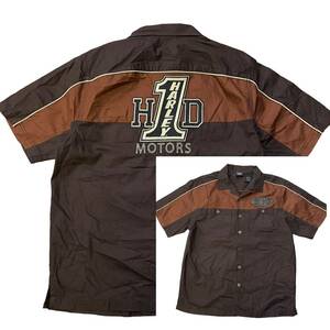 Harley Davidson ハーレーダビッドソン オープンカラーシャツ M ブラウン 半袖 開襟 ロゴ 刺繍 ボタンシャツ MOTORS モーターサイクル