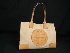 1円 ■美品■ TORY BURCH トリーバーチ エラ キャンバス×レザー トートバッグ ショルダー 肩掛け ベージュ系×ライトブラウン系 AW8407