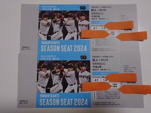 セ・リーグ公式戦2024年6月8日巨人VSオリックス スカイシートC 2連番 通路側