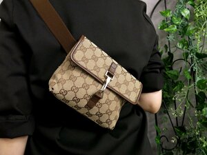 ●超美品●GUCCI グッチ●GGキャンバス カーフ レザー 本革●ウエスト ボディ バッグ●ベージュ ブラウン●SV金具●斜め掛け●Js45798