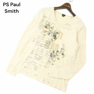 PS Paul Smith ポールスミス 通年 フラワー 英字 プリント★ 長袖 Vネック カットソー ロンTシャツ Sz.M　メンズ 日本製　A4T01343_2#F