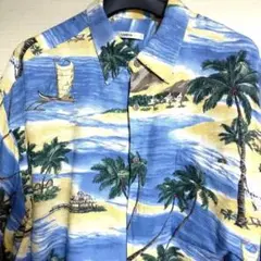 アメリカ直輸入ハワイ島のヤシの木古民家柄ビンテージ半袖アロハシャツ