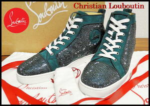 激レア Christian Louboutin ルイス ストラス メンズ 42 ハイカット スニーカー グリーン クリスチャンルブタン スワロフスキー 緑 美品