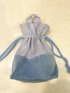 持ち手 ループ付き 巾着袋 給食袋 コップ袋 水色 ピンストライプ ブルー ハンドメイド 女の子 入園 入学 幼稚園 保育園 小学校
