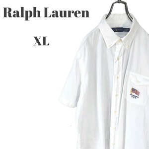 難あり Ralph Lauren ラルフローレン 半袖ボタンダウンシャツ 刺繍入り胸ポケット付き ホワイト 麻 リネン混 メンズ XL サイズ
