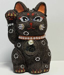 デニムまねき猫 招き猫　陶器　ラインストーン　手作り　一品物　カスタム　アート　置物　ラッキーキャット　常滑焼