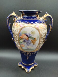 オールドノリタケ マルキ印 コバルト 金盛 果実文 耳付 装飾壷 花瓶 高さ約27.5cm