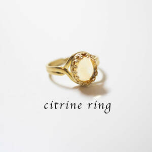 シトリン クラウン デザイン リング フリーサイズ 指輪 真鍮 天然石 ゴールドカラー