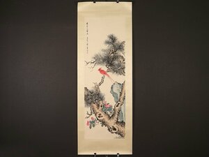 【模写】【伝来】ik1336〈江寒汀〉松に赤鳥図 マクリ 中国画 江蘇省常熱市