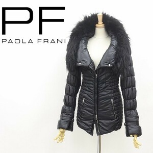 ◆PAOLA FRANI パオラ フラーニ リアルファー付 ボリュームカラー Wジップ シャーリング 中綿 コート チャコールブラック 42