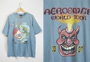 エアロスミス 97年 NINE LIVES WORLD TOUR ツアーT (ブルー XLサイズ) コピーライト入り USA製 Tシャツ 90’s ロックT AEROSMITH ◆WX8