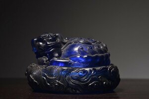 【清】某有名収集家買取品 中国・清時代 藍瑠璃 唐獅子紋香炉 極細工 古置物 古擺件 中国古美術 唐物古董品