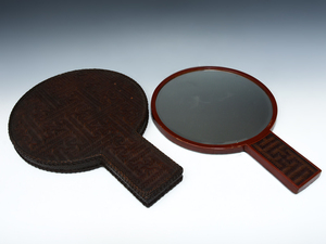 時代 網代綴 手鏡 鏡面径:26.3㎝ 銅鏡 柄鏡 和鏡 化粧道具 和装具 中国美術 金属工芸　　z6767a