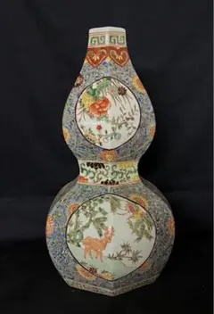 【希少品】中国古美術　清時代唐草花獣図六角瓢箪瓶【大清康熙年製】在銘