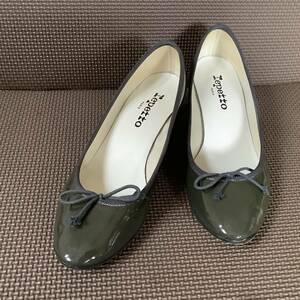 Repetto レペット★Nolan Pumps 3cmヒール パテント エナメル バレエシューズ カーキーグレー フランス ポインテッドトゥ サイズ38 底張済