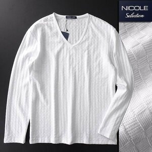 新品 ニコル 市松模様 Vネック 長袖 カットソー 50(XL) 白 【I58124】 NICOLE Selection 春夏 メンズ Tシャツ ロンT サマー チェック