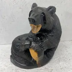 2 木彫りの熊 親子熊 鮭 40×40㎝ 工芸品 置物 インテリア A595
