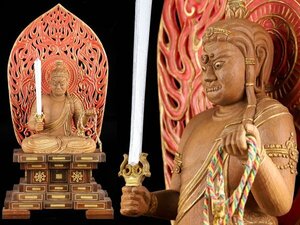 【琴》送料無料 仏教美術 彩色木彫不動明王坐像 高50cm WJ007