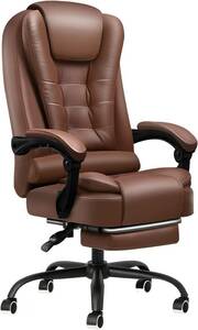 JIEANXIN オフィスチェア ワークチェア 社長椅子 デスクチェア 事務椅子 レザーチェア 無段階リクライニング ハイバック (ブラウン)