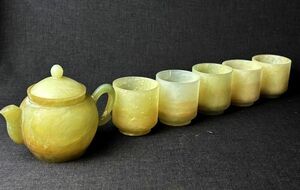 時代物 旧家蔵出し品 中国唐物 玉石製 煎茶器 後手急須 茶碗五客◇茶瓶/茶注/湯呑/茶盃/翡翠/天然石/古玩/東洋彫刻/骨董/古美術