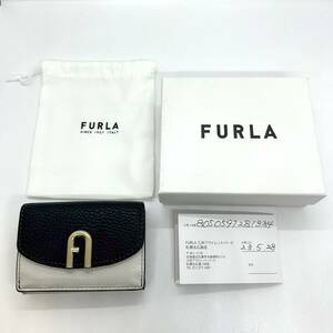 11496★FURLA 三つ折り ミニ財布 グレージュ 3つ折り財布 フルラ バイカラー 黒 グレー 金具ゴールド 箱付き シワあり 革 茶色 三つ折り