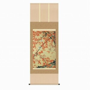 ◎伊藤若冲『紅葉小禽図（尺五立）』版画+手彩色★花鳥・掛け軸・【新品】